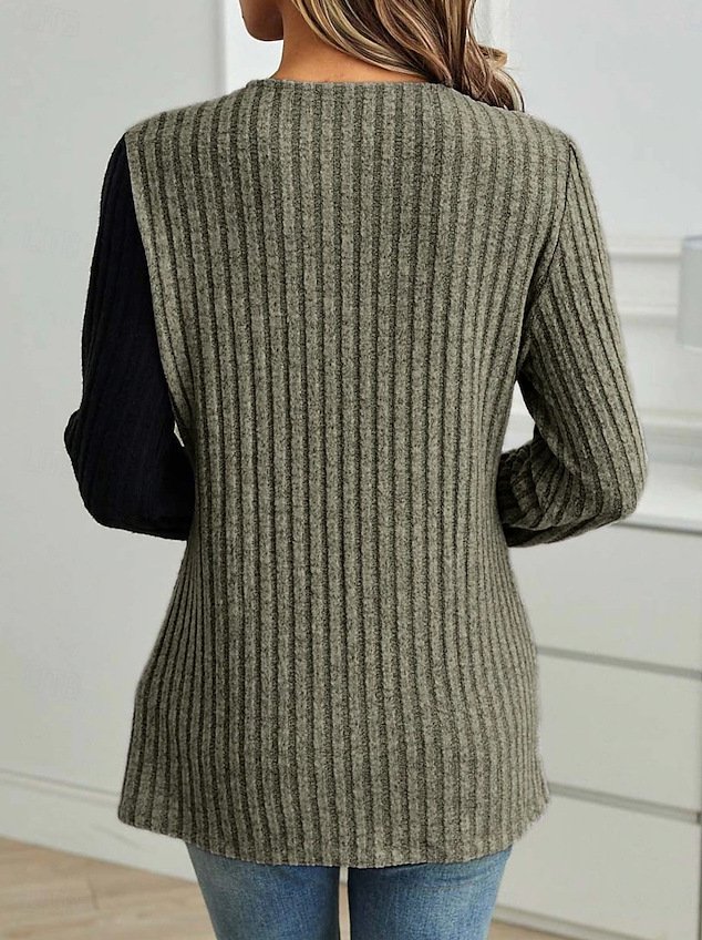 Schmal Passen Spitze Rundhals Farbe Matching Gerippt Kreuz Saum Langarm Gestrickt Elegant Pendler T-Shirt Oberteile