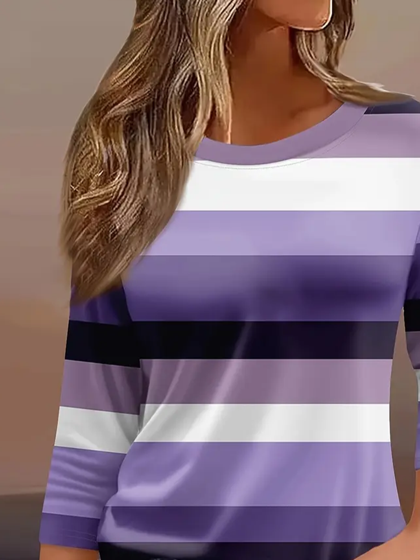 Lässig Gestreift Rundhals Dreiviertelärmel T-Shirt