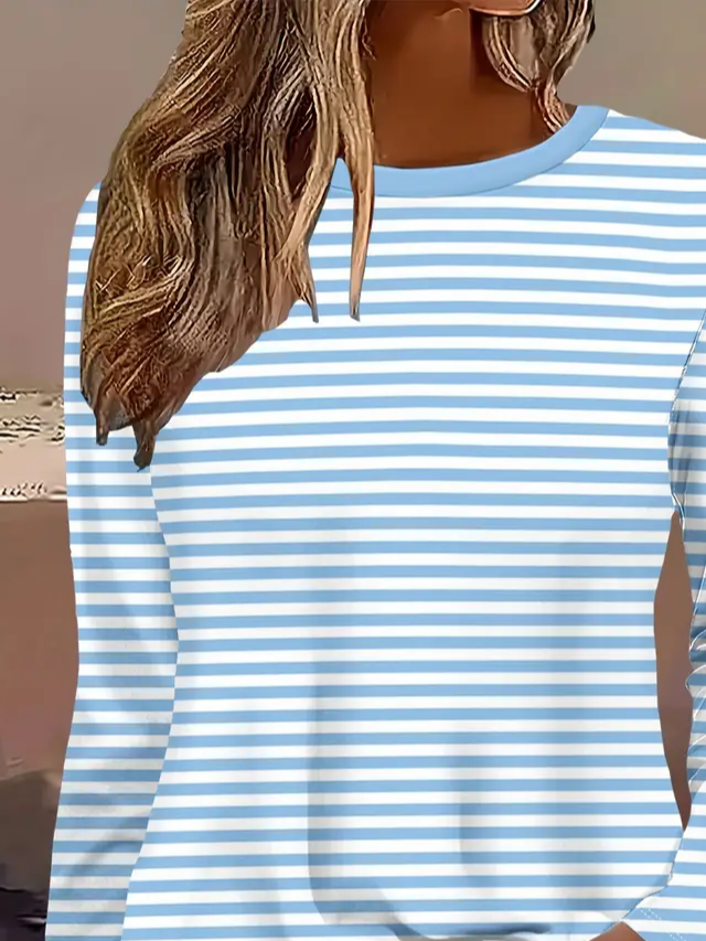 Lässig Gestreift Rundhals Langarm T-Shirt