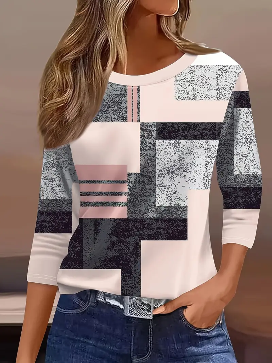 Lässig Geometrisch Rundhals Dreiviertelärmel T-Shirt