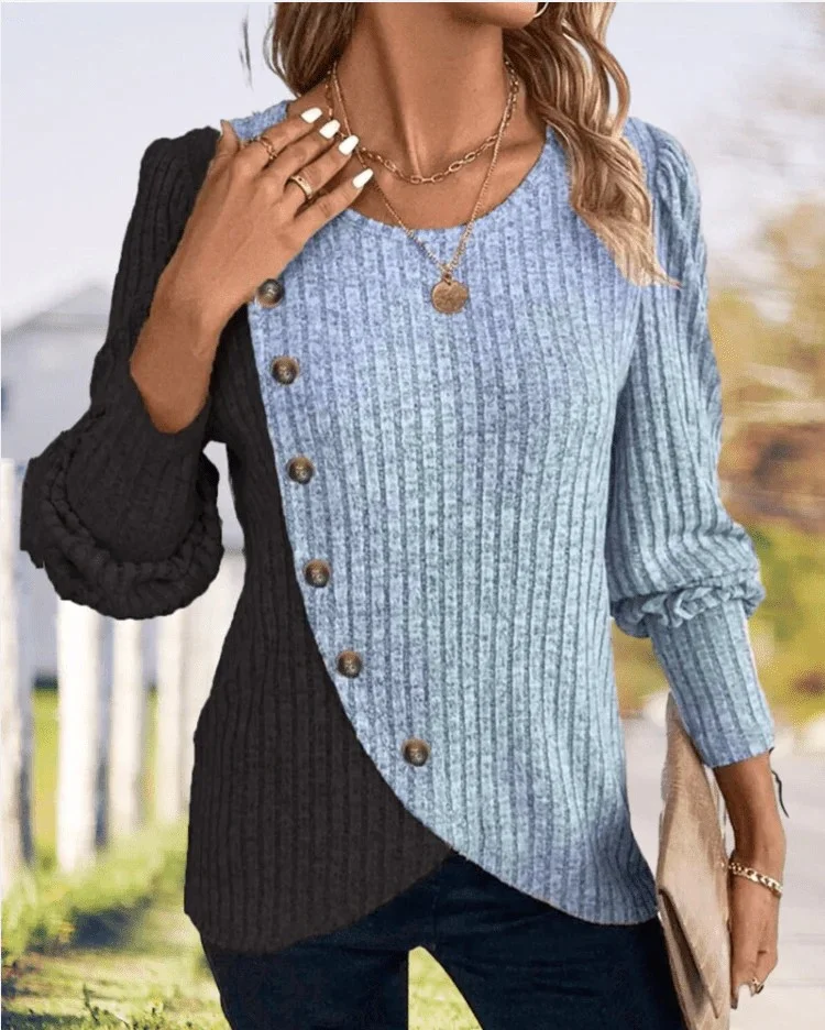 Schmal Passen Rundhals Farbe Matching Gerippt Kreuz Saum Langarm Frühling und Herbst Gestrickt Pendler T-Shirt Oberteile