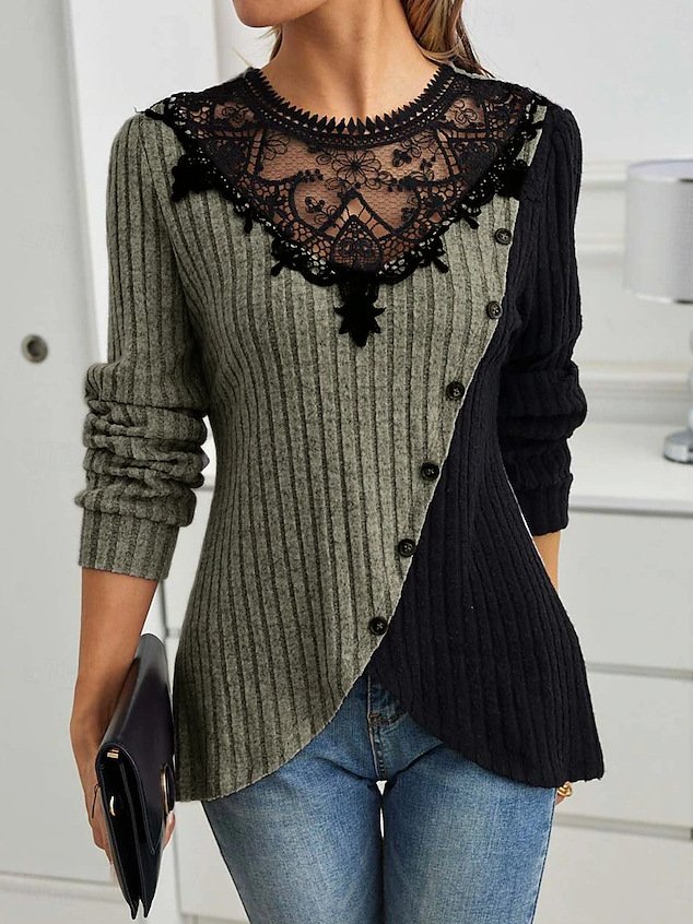 Schmal Passen Spitze Rundhals Farbe Matching Gerippt Kreuz Saum Langarm Gestrickt Elegant Pendler T-Shirt Oberteile