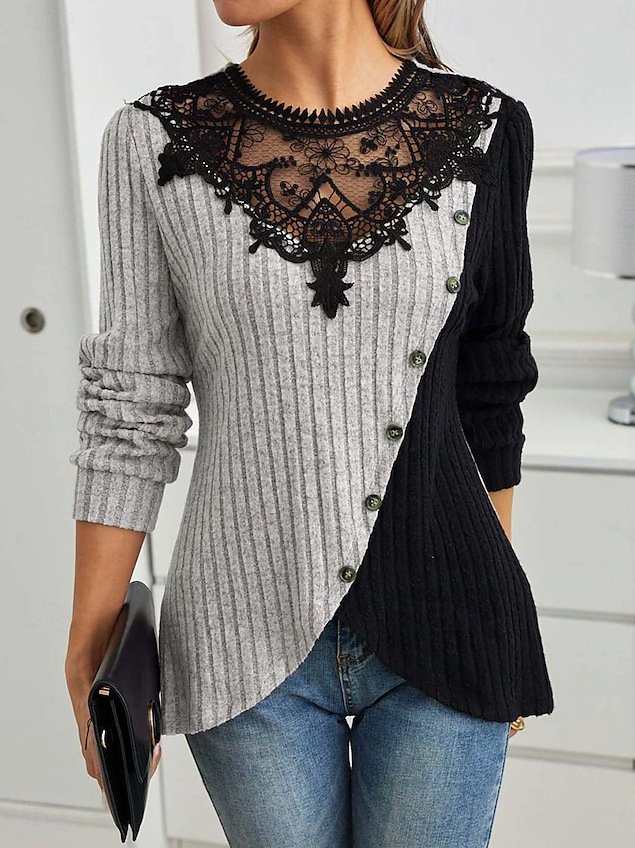 Schmal Passen Spitze Rundhals Farbe Matching Gerippt Kreuz Saum Langarm Gestrickt Elegant Pendler T-Shirt Oberteile