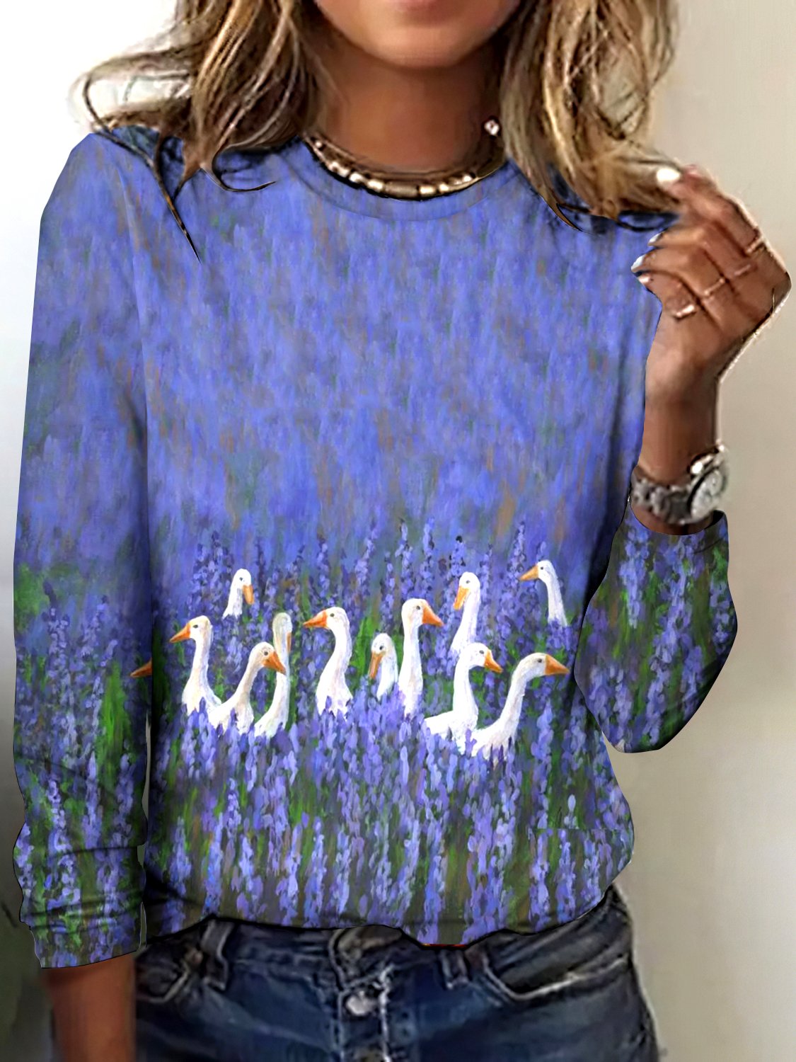 Retro Kariert Rundhals Langarm T-Shirt