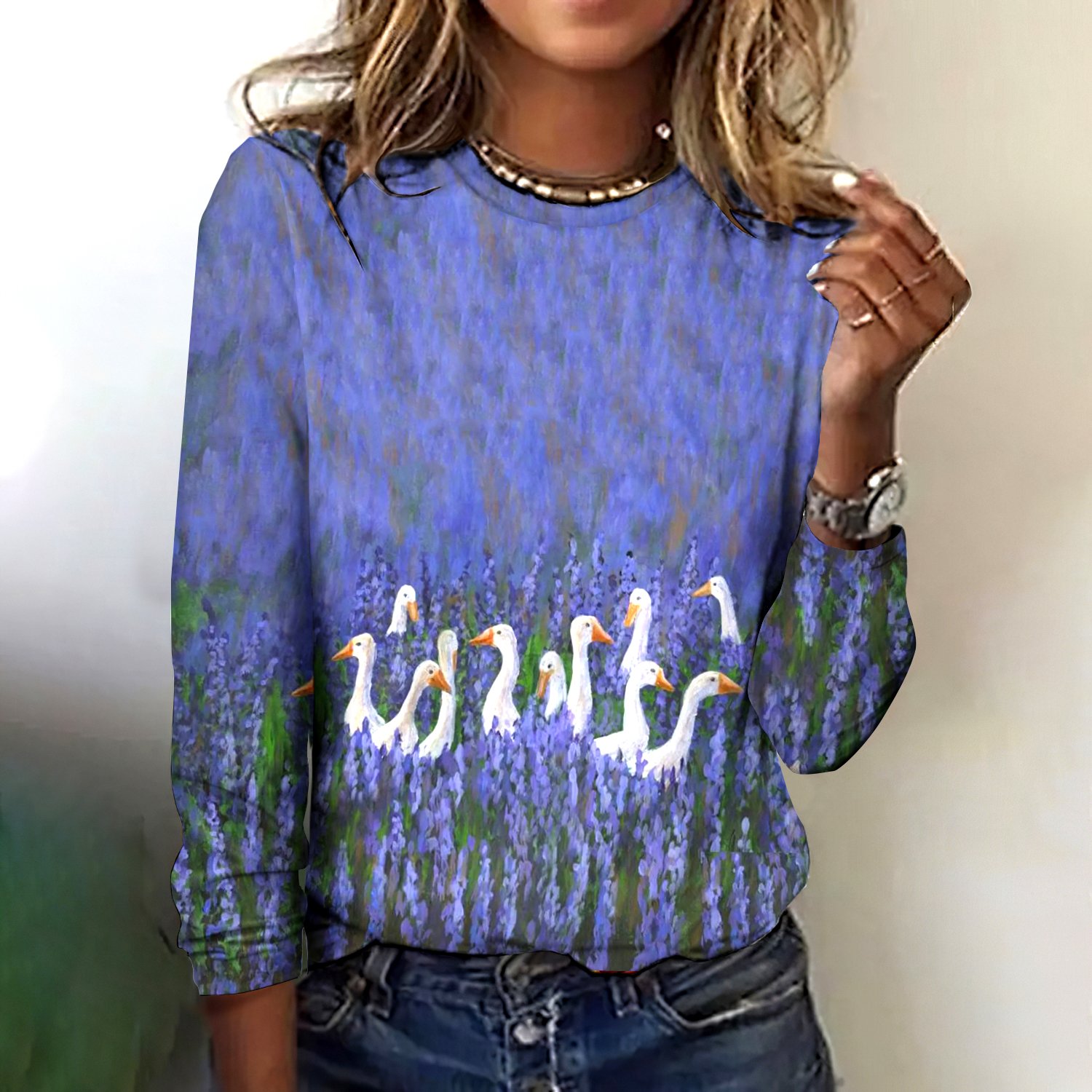 Retro Kariert Rundhals Langarm T-Shirt