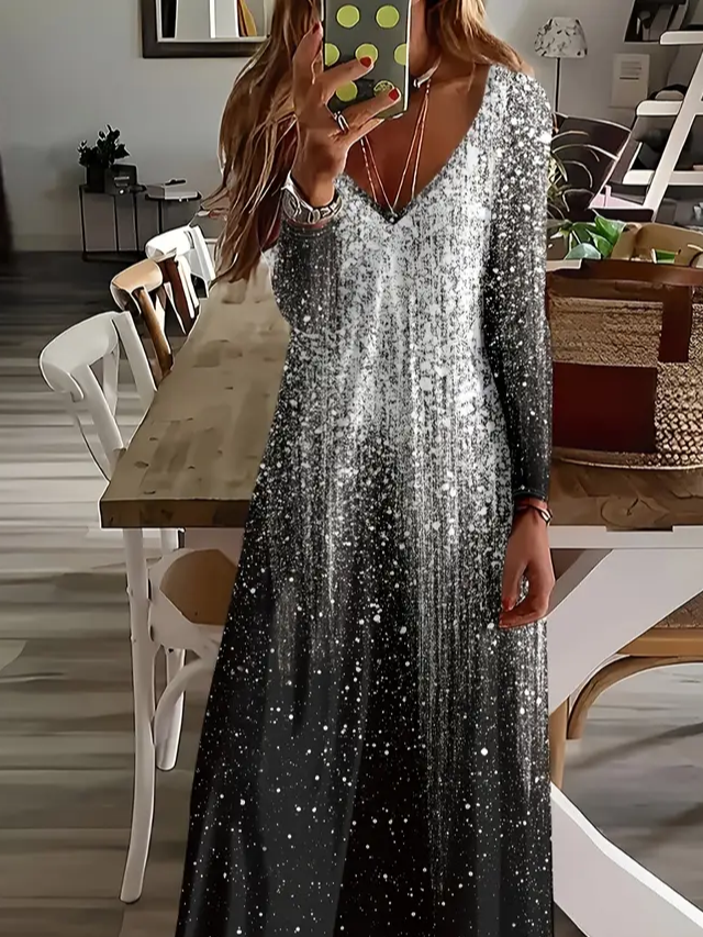 Damen Abstrakt Frühling/Herbst Print Kleid V-Ausschnitt Langarm H-Linie Kleid