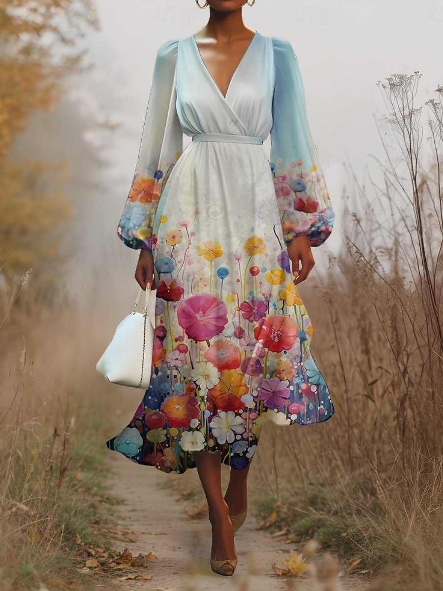 Damen Geblümt Puffärmel Frühling/Herbst Kleid V-Ausschnitt Langarm A-Linien-Kleid
