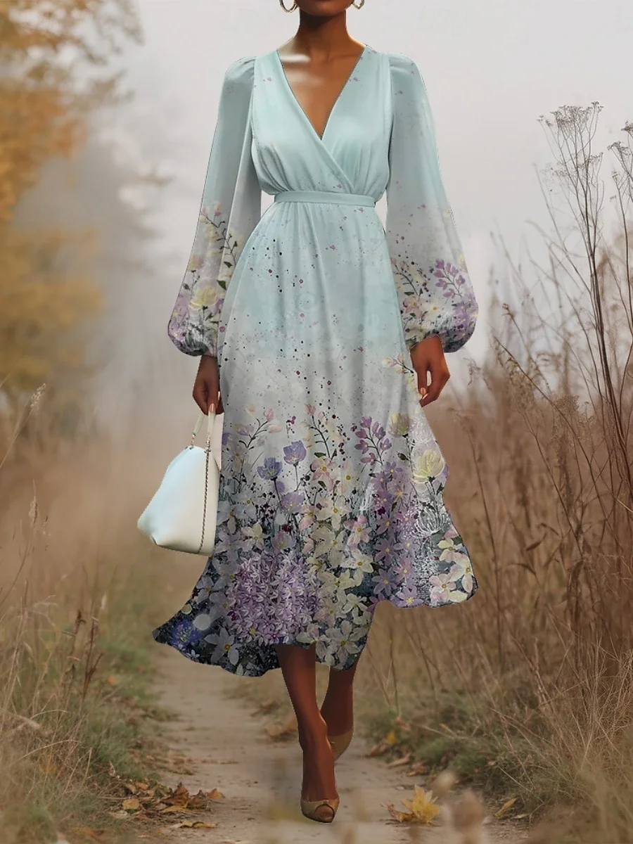Damen Geblümt Puffärmel Frühling/Herbst Kleid V-Ausschnitt Langarm A-Linien-Kleid