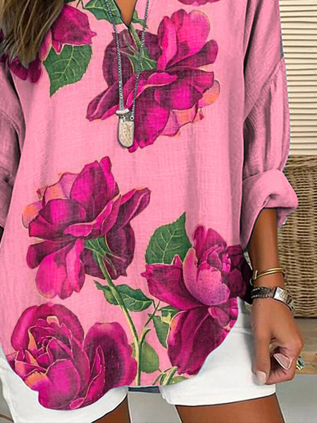 V-Ausschnitt Langarm Geblümt Print Regelmäßig Weit Bluse für Damen
