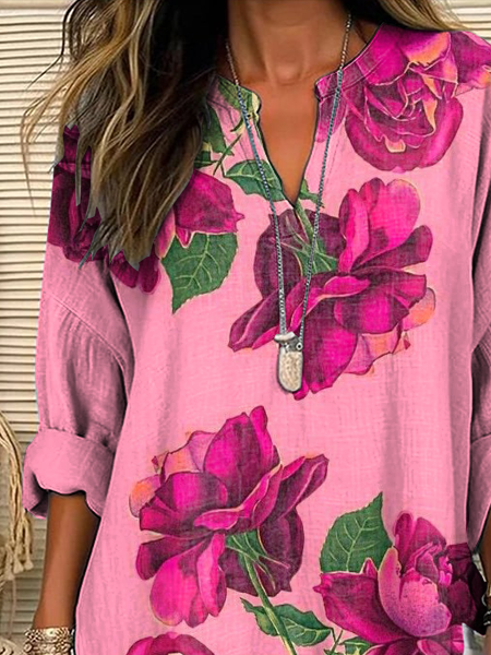 V-Ausschnitt Langarm Geblümt Print Regelmäßig Weit Bluse für Damen