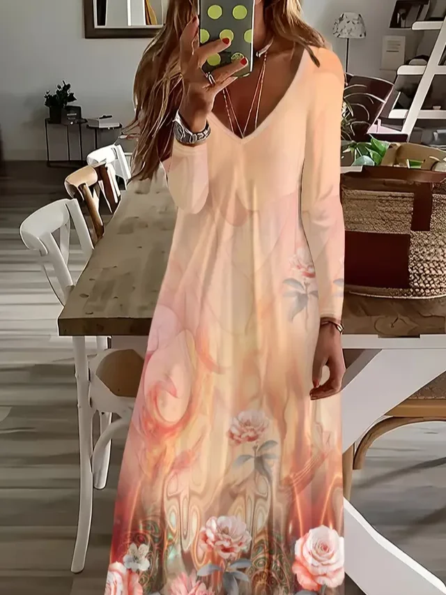 Damen Geblümt Frühling/Herbst Print Kleid V-Ausschnitt Langarm H-Linie Kleid