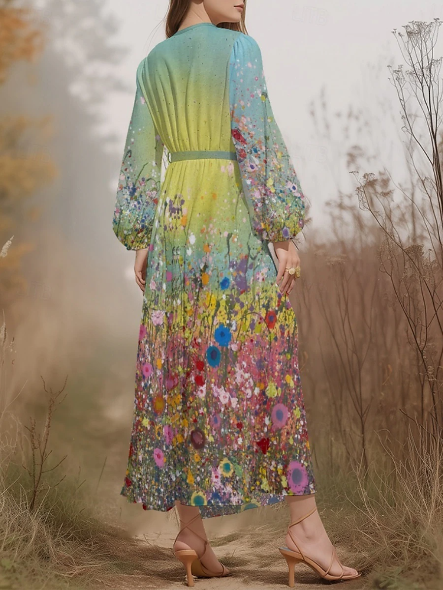 Damen Geblümt Puffärmel Frühling/Herbst Kleid V-Ausschnitt Langarm A-Linien-Kleid