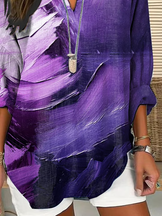 V-Ausschnitt Langarm Abstrakt Print Regelmäßig Weit Bluse für Damen