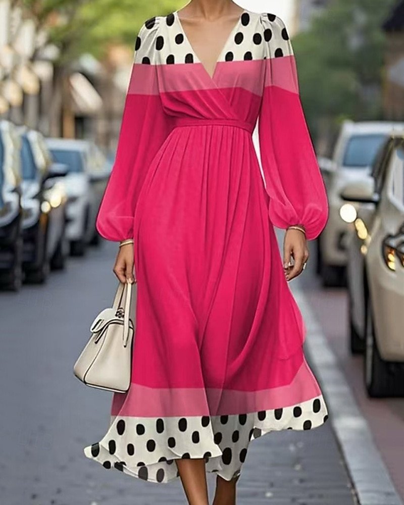Damen Gestreift Puffärmel Frühling/Herbst Kleid V-Ausschnitt Langarm A-Linien-Kleid