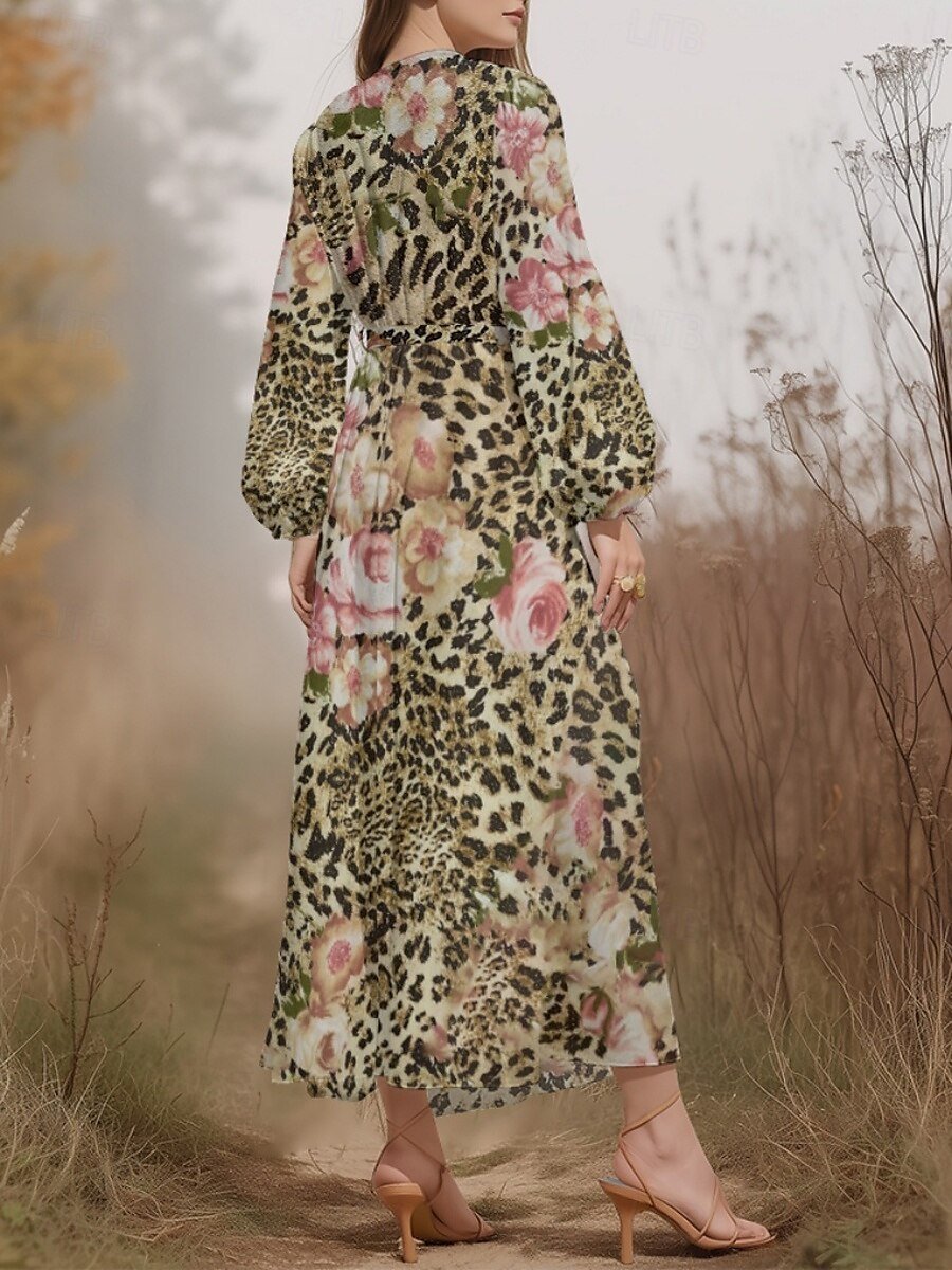 Damen Geblümt Puffärmel Frühling/Herbst Kleid V-Ausschnitt Langarm A-Linien-Kleid