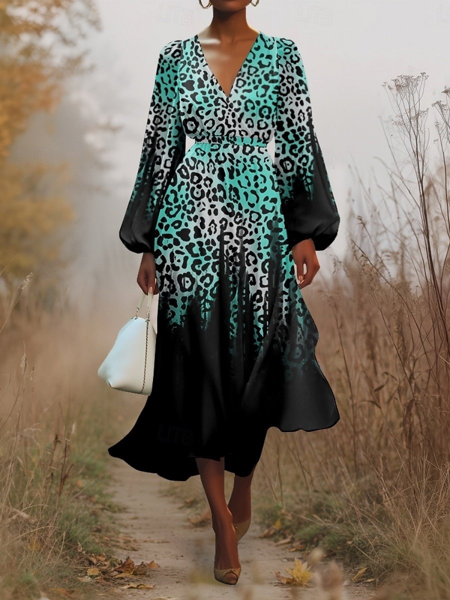 Damen Geblümt Puffärmel Frühling/Herbst Kleid V-Ausschnitt Langarm A-Linien-Kleid