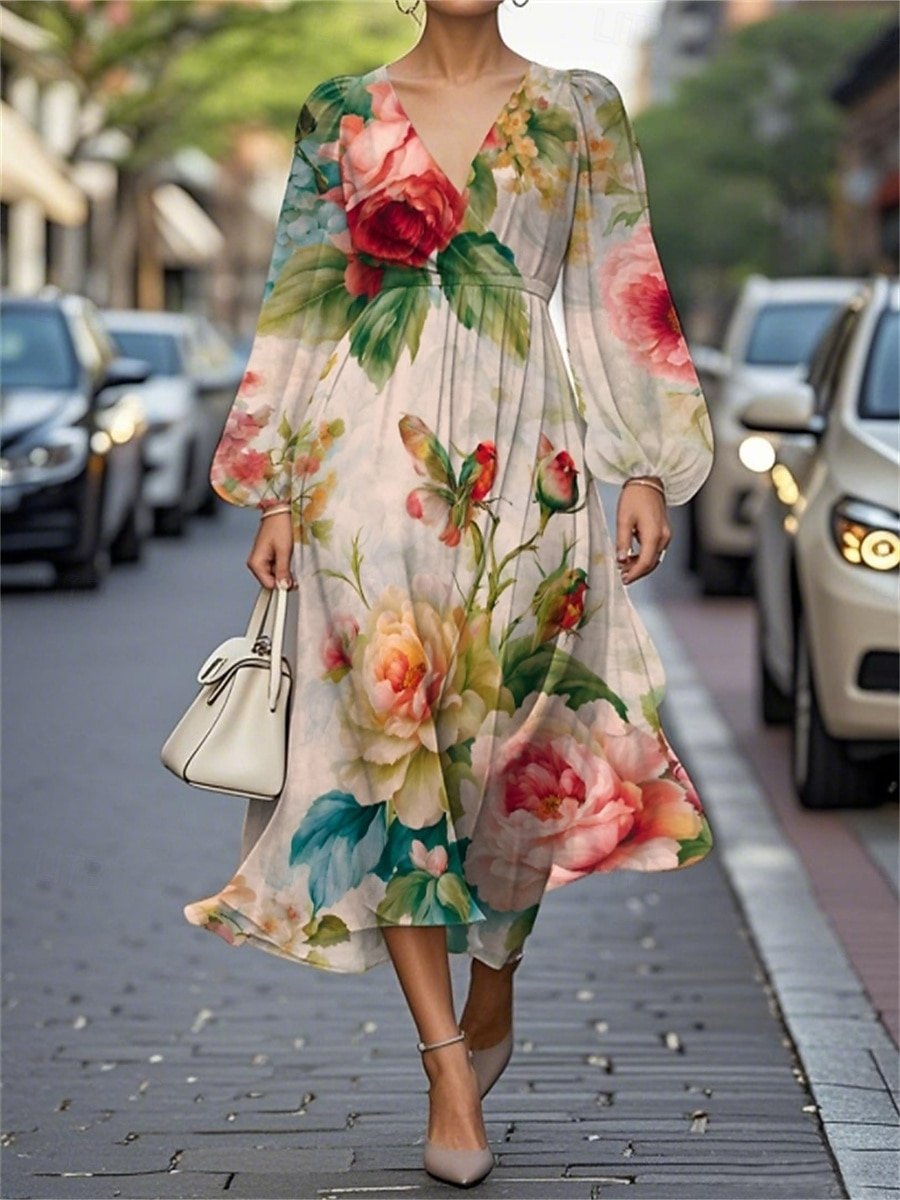 Damen Geblümt Puffärmel Frühling/Herbst Kleid V-Ausschnitt Langarm A-Linien-Kleid