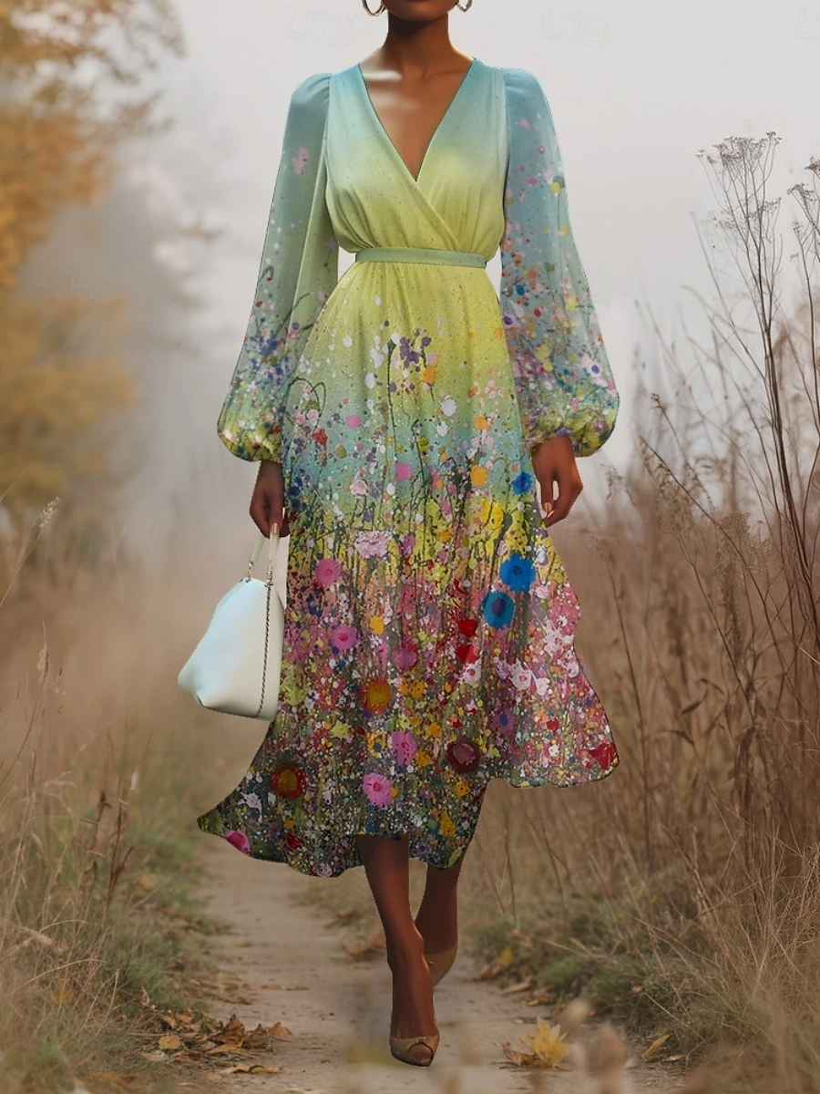 Damen Geblümt Puffärmel Frühling/Herbst Kleid V-Ausschnitt Langarm A-Linien-Kleid