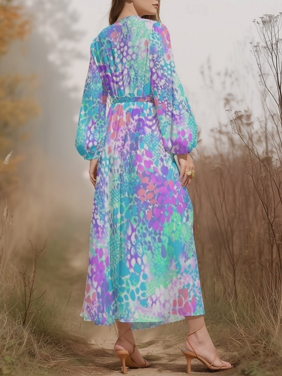 Damen Geblümt Puffärmel Frühling/Herbst Kleid V-Ausschnitt Langarm A-Linien-Kleid