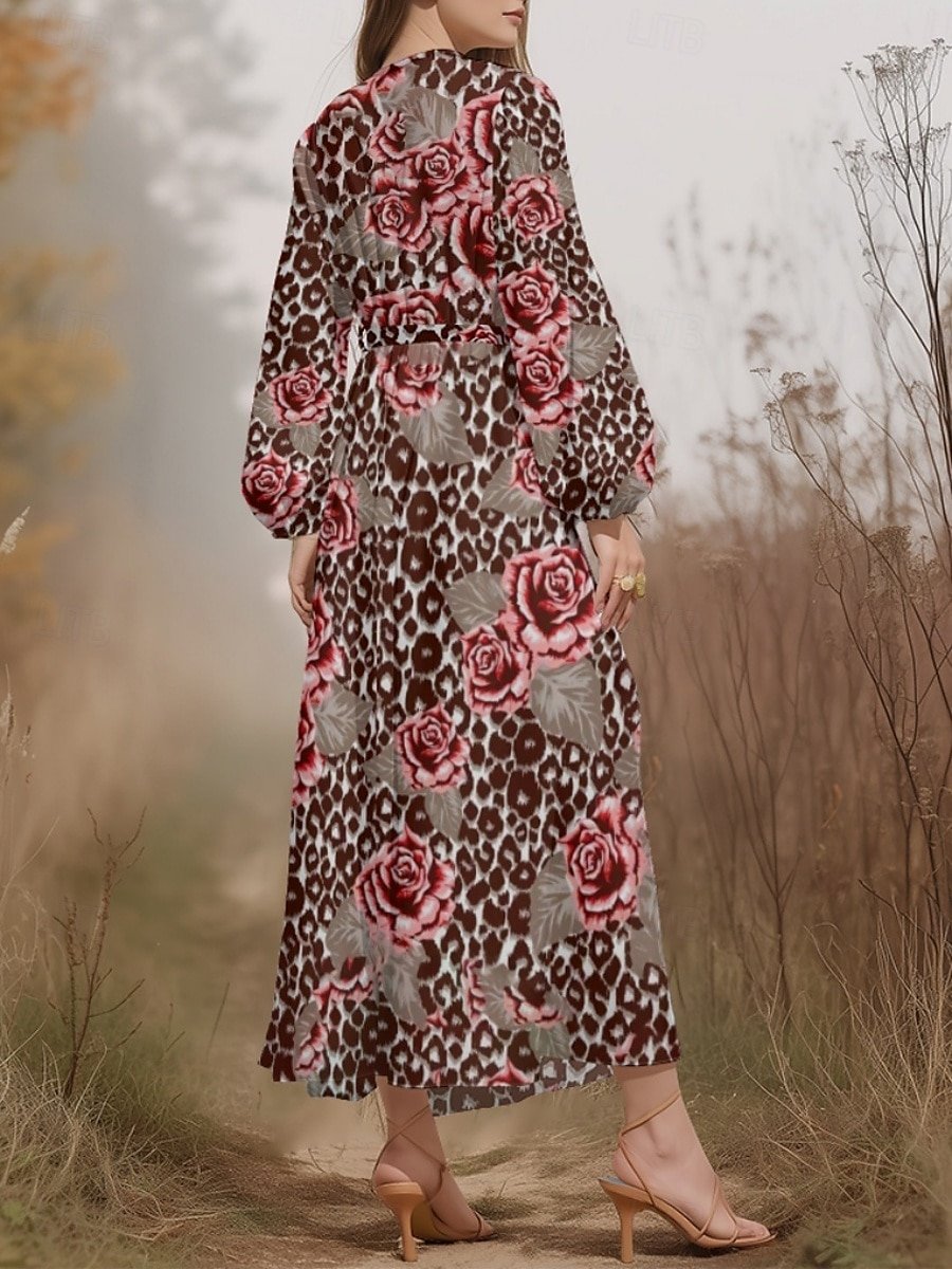 Damen Geblümt Puffärmel Frühling/Herbst Kleid V-Ausschnitt Langarm A-Linien-Kleid