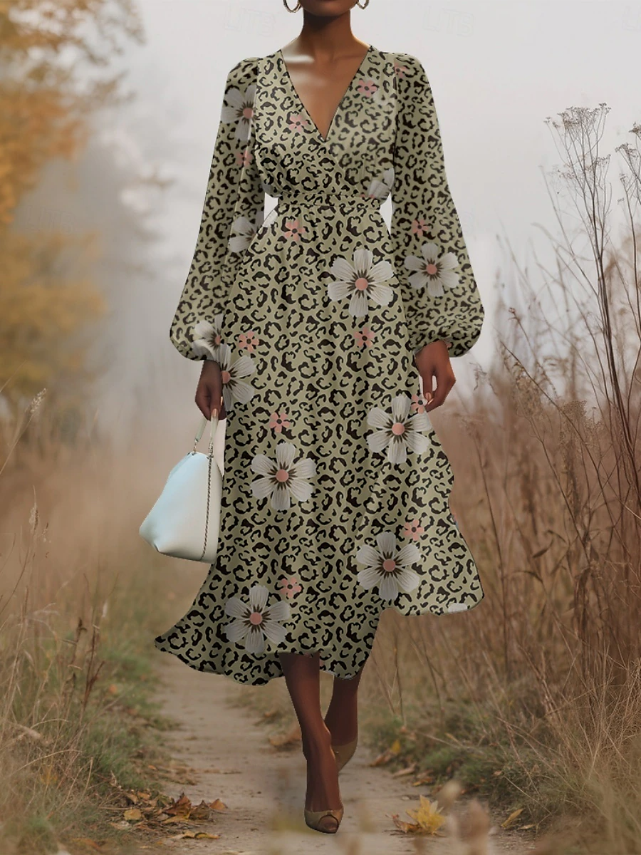 Damen Geblümt Puffärmel Frühling/Herbst Kleid V-Ausschnitt Langarm A-Linien-Kleid