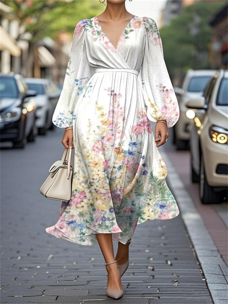 Damen Geblümt Puffärmel Frühling/Herbst Kleid V-Ausschnitt Langarm A-Linien-Kleid