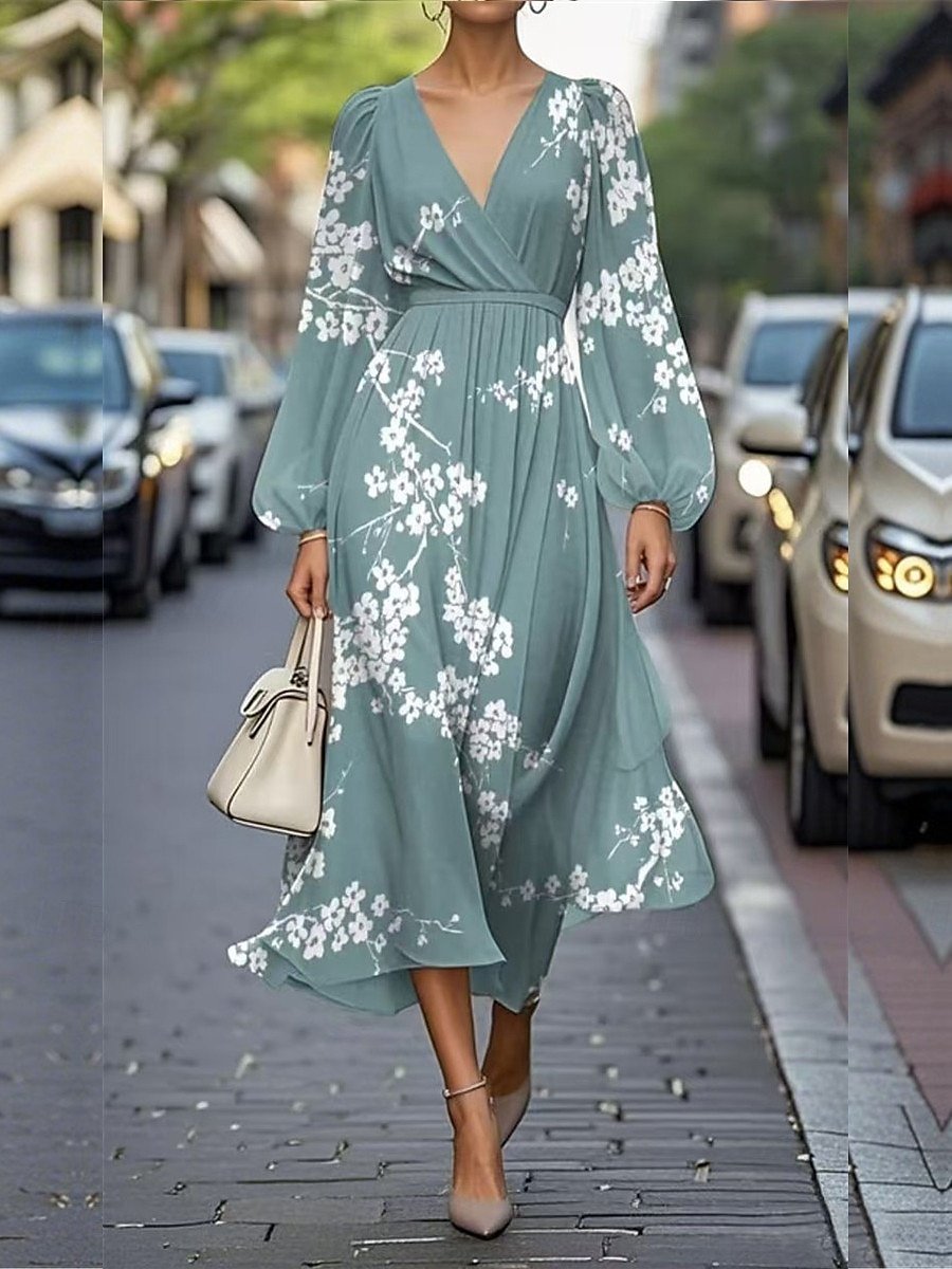 Damen Geblümt Puffärmel Frühling/Herbst Kleid V-Ausschnitt Langarm A-Linien-Kleid