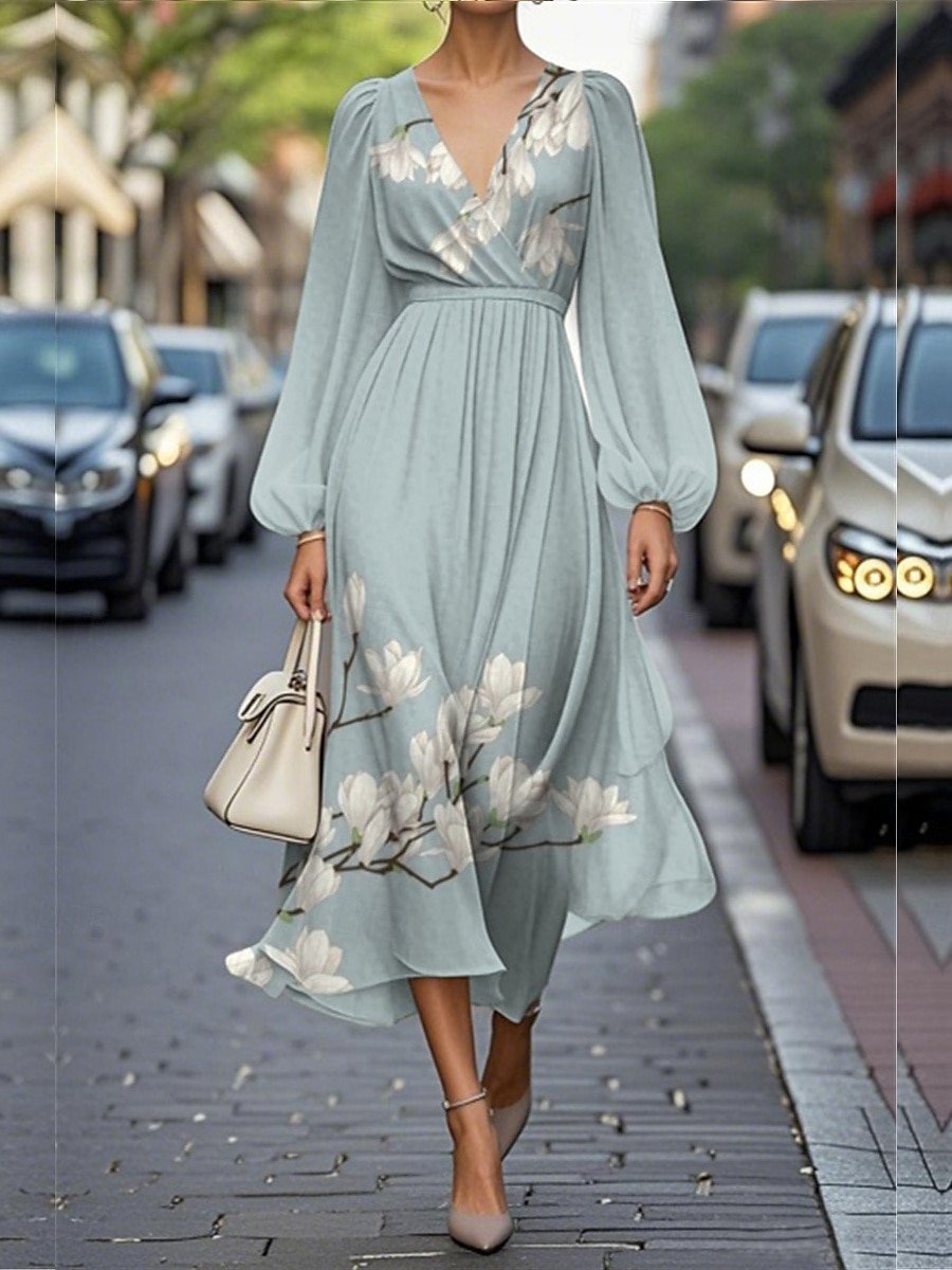 Damen Geblümt Puffärmel Frühling/Herbst Kleid V-Ausschnitt Langarm A-Linien-Kleid