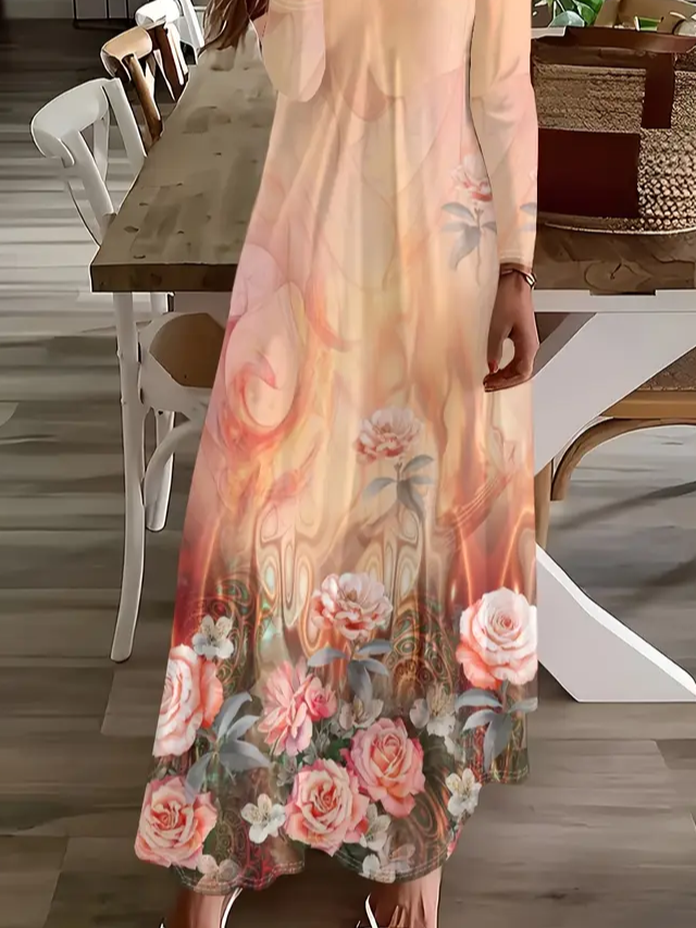 Damen Geblümt Frühling/Herbst Print Kleid V-Ausschnitt Langarm H-Linie Kleid