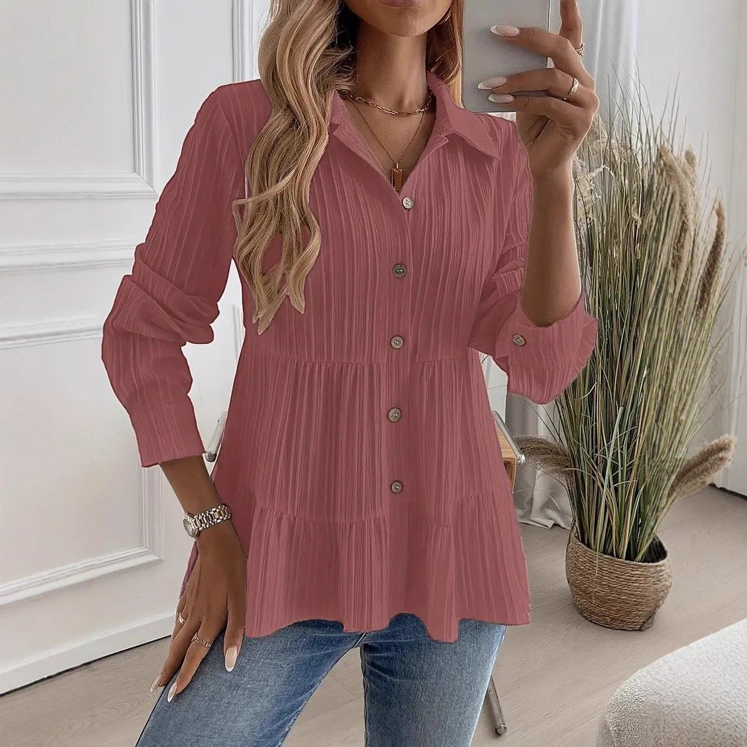 Hemdkragen Langarm Unifarben Regelmäßig Mikroelastizität Regelmäßige Passform Bluse für Damen
