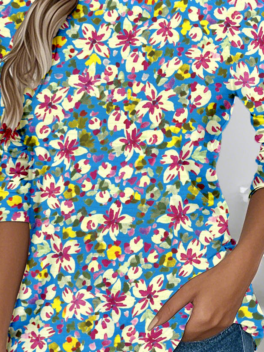 Lässig Geblümt Rundhals Langarm T-Shirt