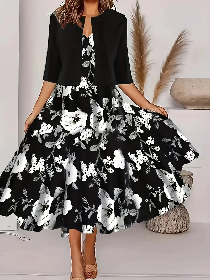 Damen Geblümt Print Zweiteiliges Set Täglich Kurzarm Lässig Sommer Mantel mit Rock Matching Set