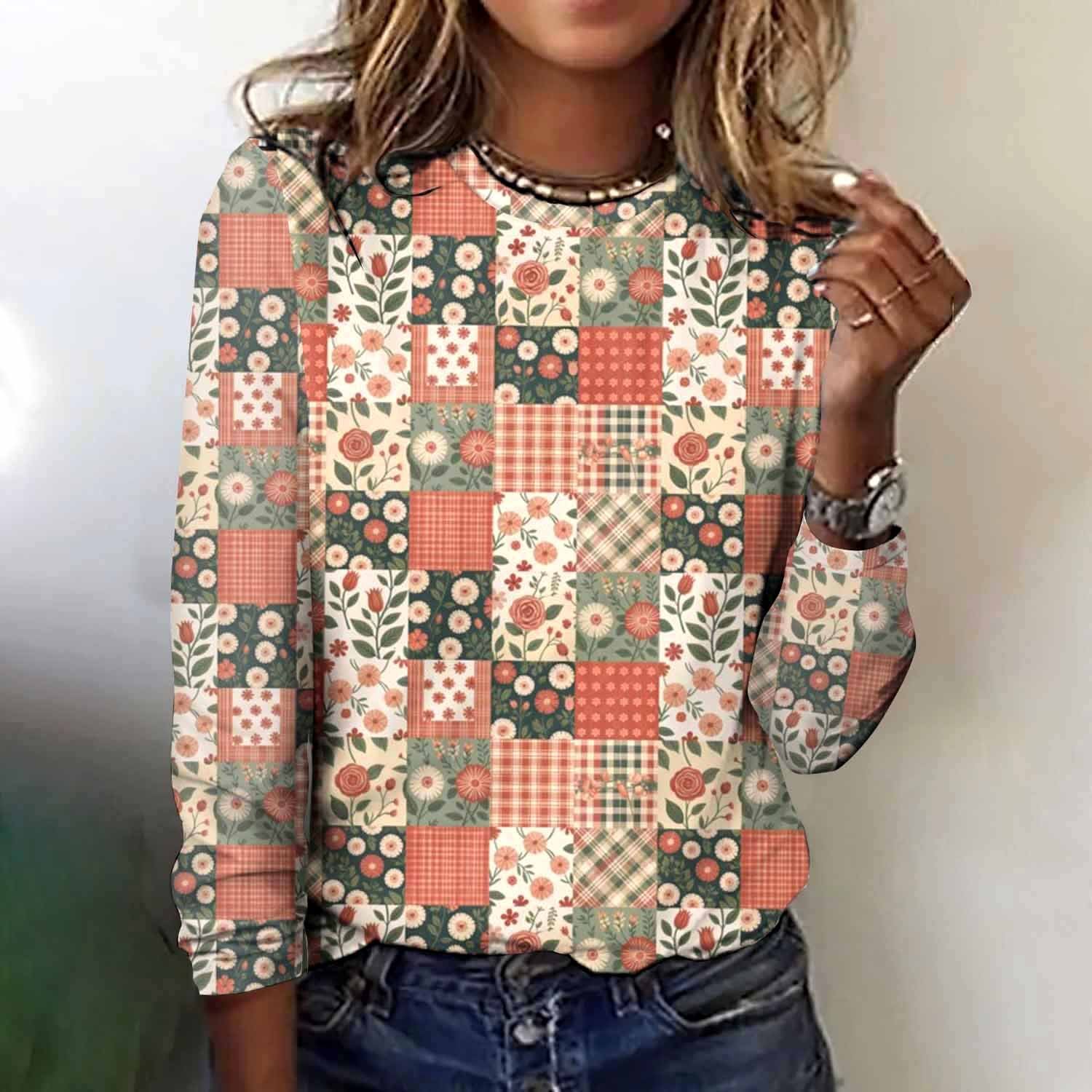 Retro Kariert Rundhals Langarm T-Shirt