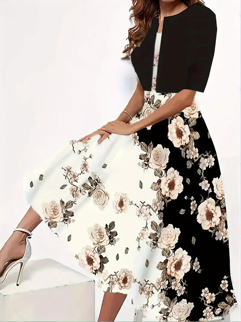 Damen Geblümt Print Zweiteiliges Set Täglich Kurzarm Lässig Sommer Mantel mit Rock Matching Set