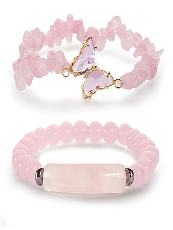 Neu Naturstein 8mm Amethyst Rosa Quarz zerquetscht Stein Schmetterling Zweiteiliges Armband