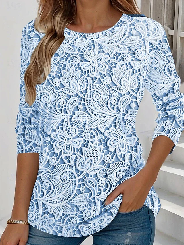 Lässig Geblümt Rundhals Langarm T-Shirt