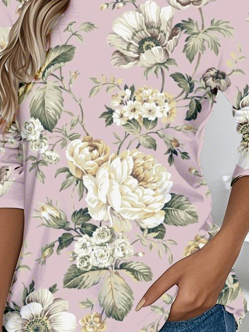 Lässig Geblümt Rundhals Langarm T-Shirt