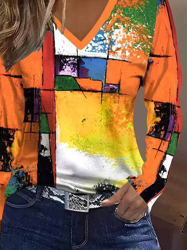 Lässig Abstrakt V-Ausschnitt Langarm T-Shirt