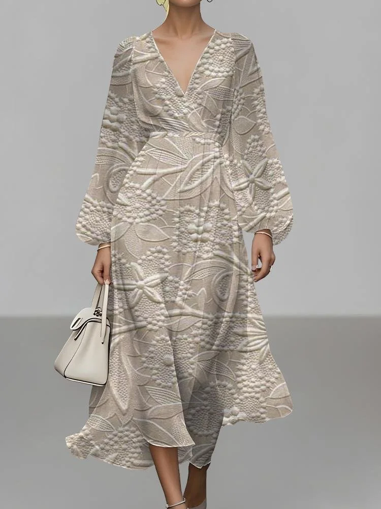 Damen Geblümt Puffärmel Frühling/Herbst Kleid V-Ausschnitt Langarm A-Linien-Kleid