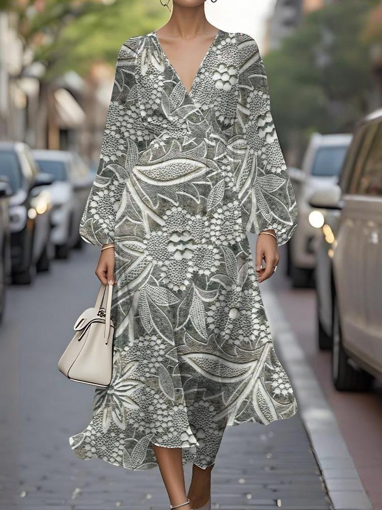Damen Geblümt Puffärmel Frühling/Herbst Kleid V-Ausschnitt Langarm A-Linien-Kleid