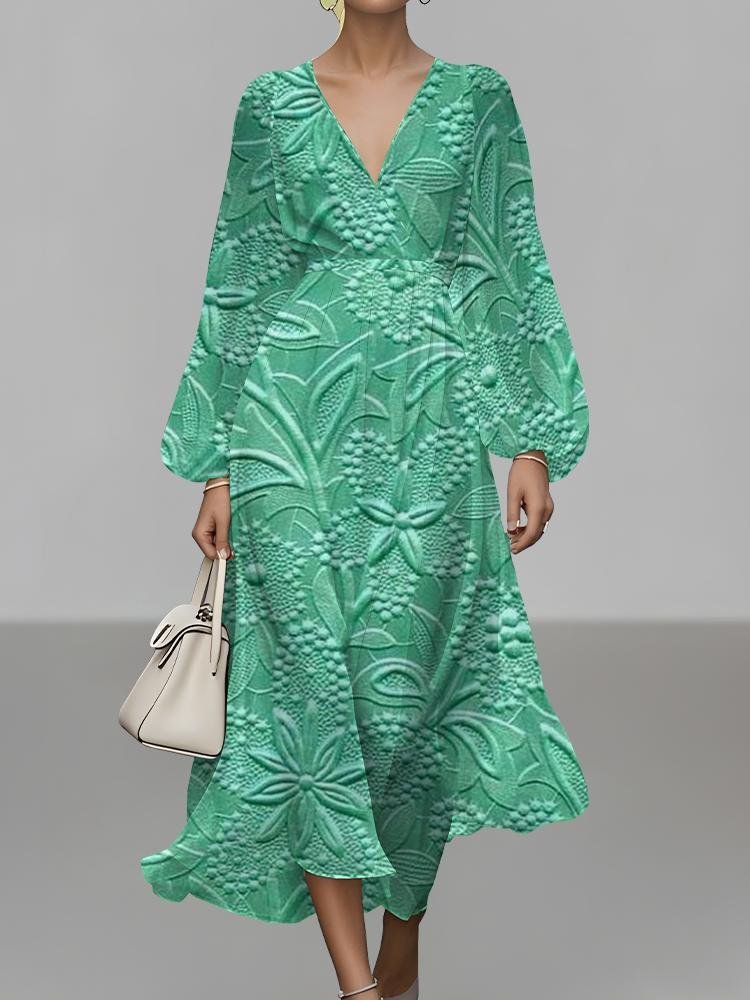 Damen Geblümt Puffärmel Frühling/Herbst Kleid V-Ausschnitt Langarm A-Linien-Kleid