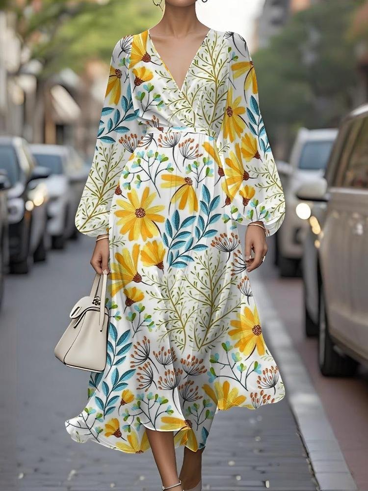 Damen Geblümt Puffärmel Frühling/Herbst Kleid V-Ausschnitt Langarm A-Linien-Kleid