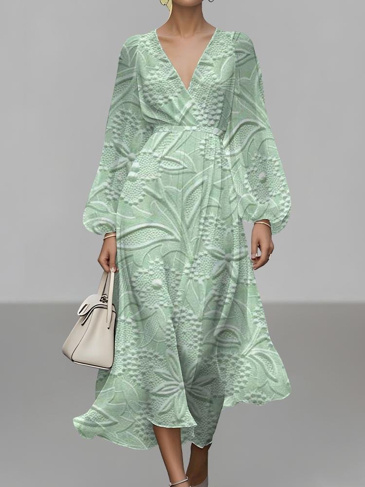 Damen Geblümt Puffärmel Frühling/Herbst Kleid V-Ausschnitt Langarm A-Linien-Kleid
