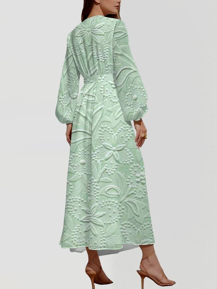 Damen Geblümt Puffärmel Frühling/Herbst Kleid V-Ausschnitt Langarm A-Linien-Kleid
