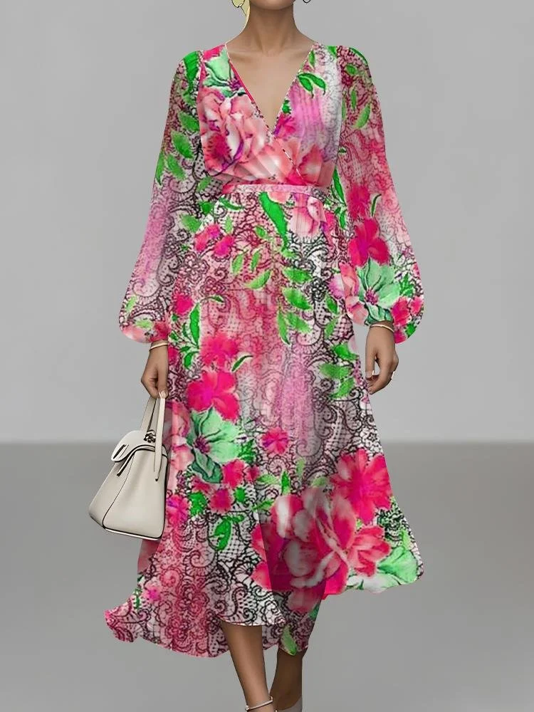 Damen Geblümt Puffärmel Frühling/Herbst Kleid V-Ausschnitt Langarm A-Linien-Kleid