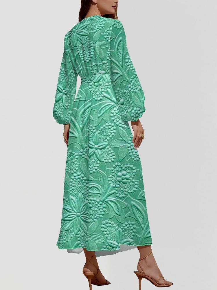 Damen Geblümt Puffärmel Frühling/Herbst Kleid V-Ausschnitt Langarm A-Linien-Kleid