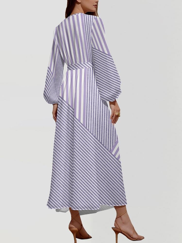 Damen Gestreift Puffärmel Frühling/Herbst Kleid V-Ausschnitt Langarm A-Linien-Kleid