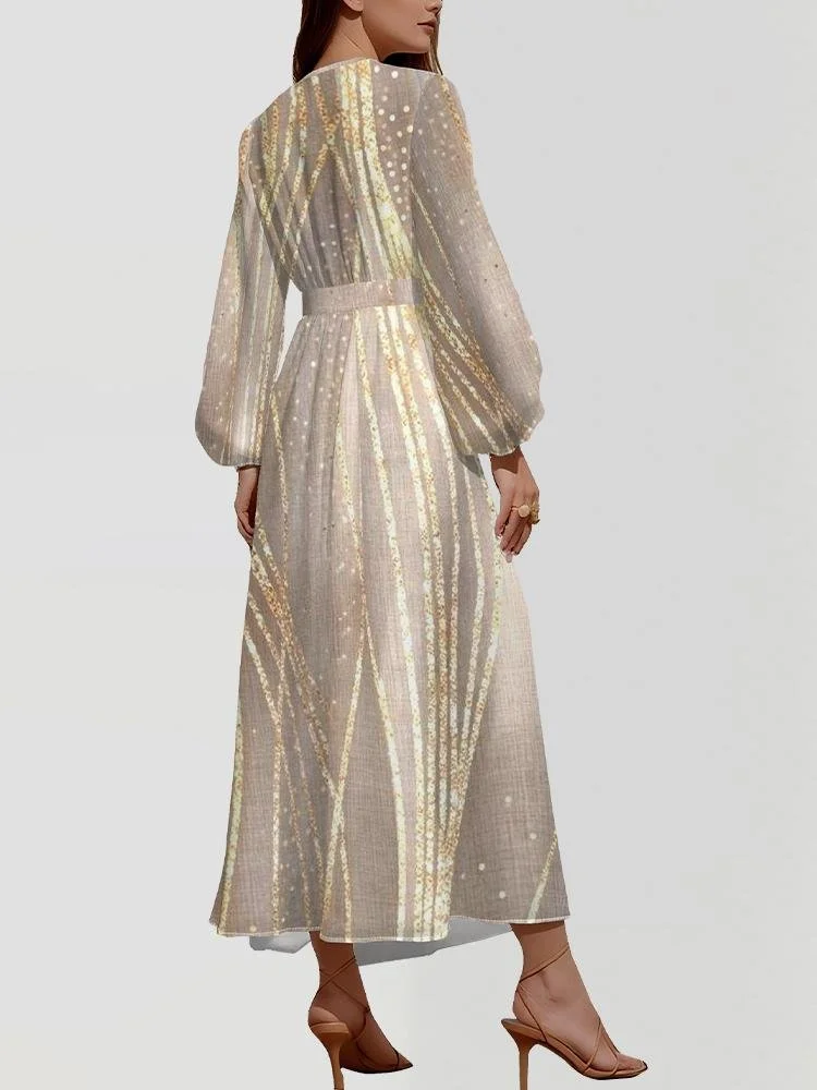 Damen Gestreift Puffärmel Frühling/Herbst Kleid V-Ausschnitt Langarm A-Linien-Kleid