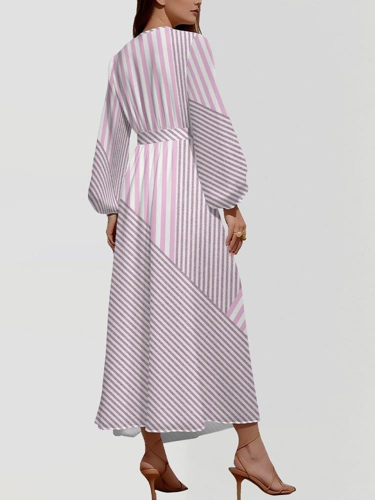 Damen Gestreift Puffärmel Frühling/Herbst Kleid V-Ausschnitt Langarm A-Linien-Kleid
