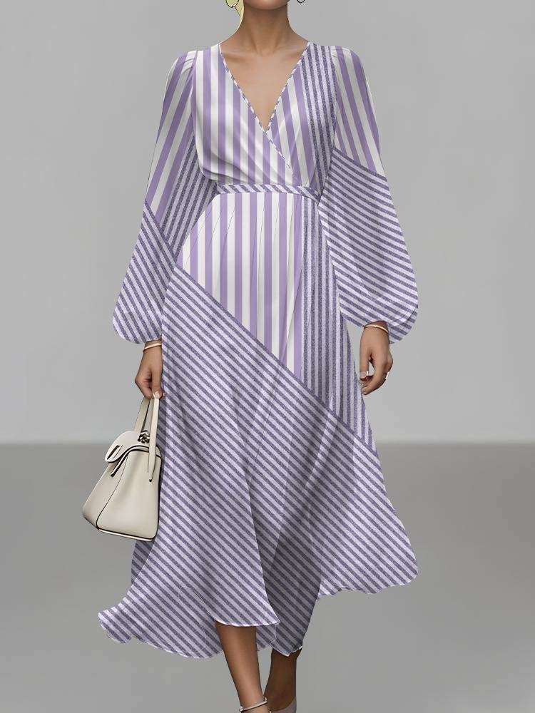 Damen Gestreift Puffärmel Frühling/Herbst Kleid V-Ausschnitt Langarm A-Linien-Kleid